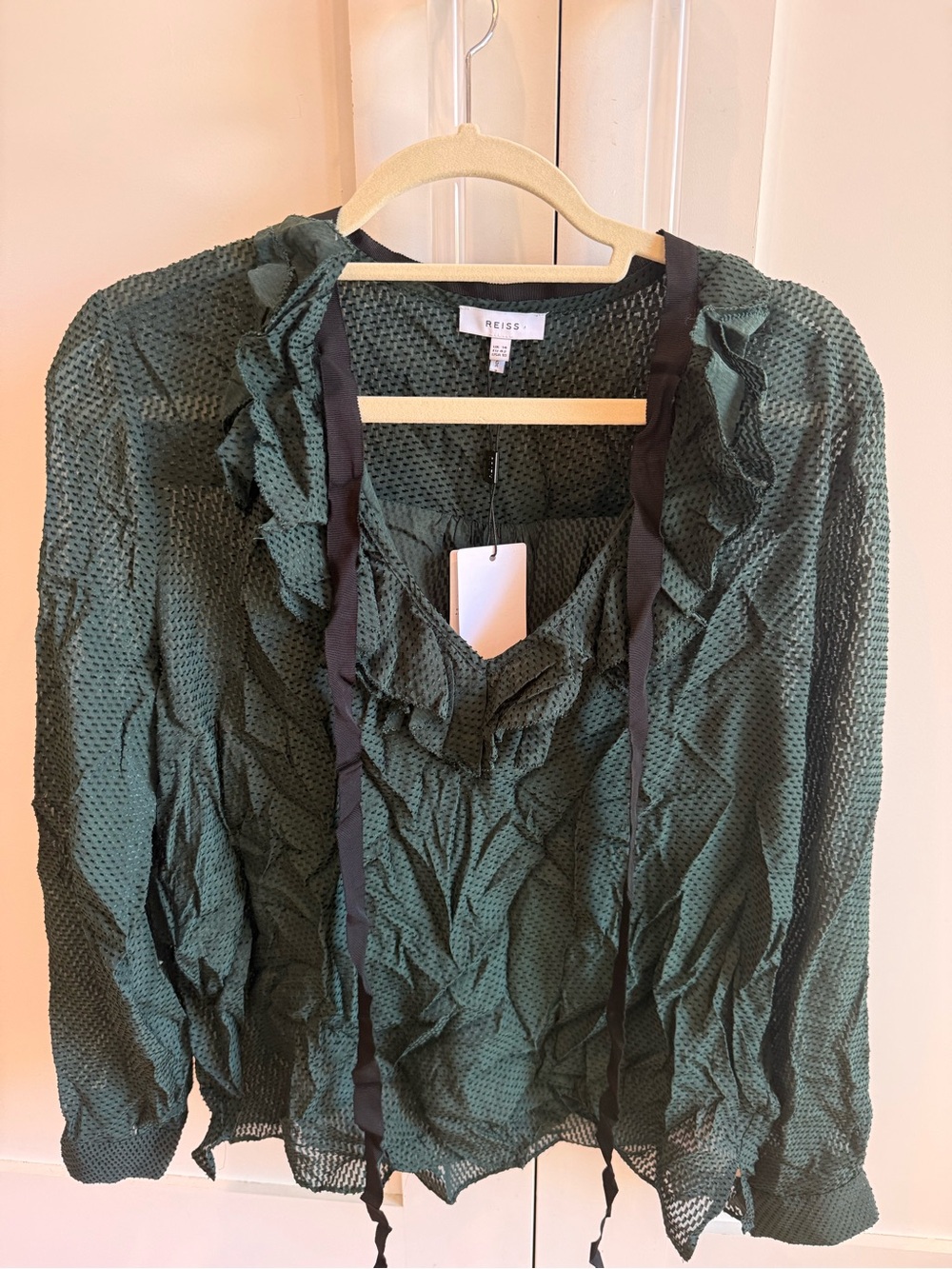 Reiss Forest Green Ruffle Tie-Neck Blouse